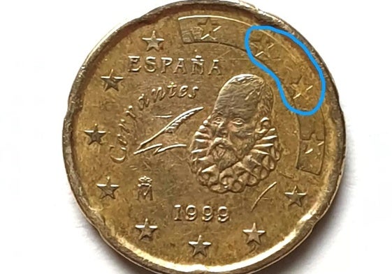 Moneda de 20 céntimos 1999 con error de acuñación.