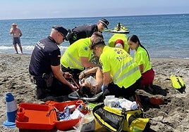 Simulaccro de rescate de una persona que se está ahogando en la playa.