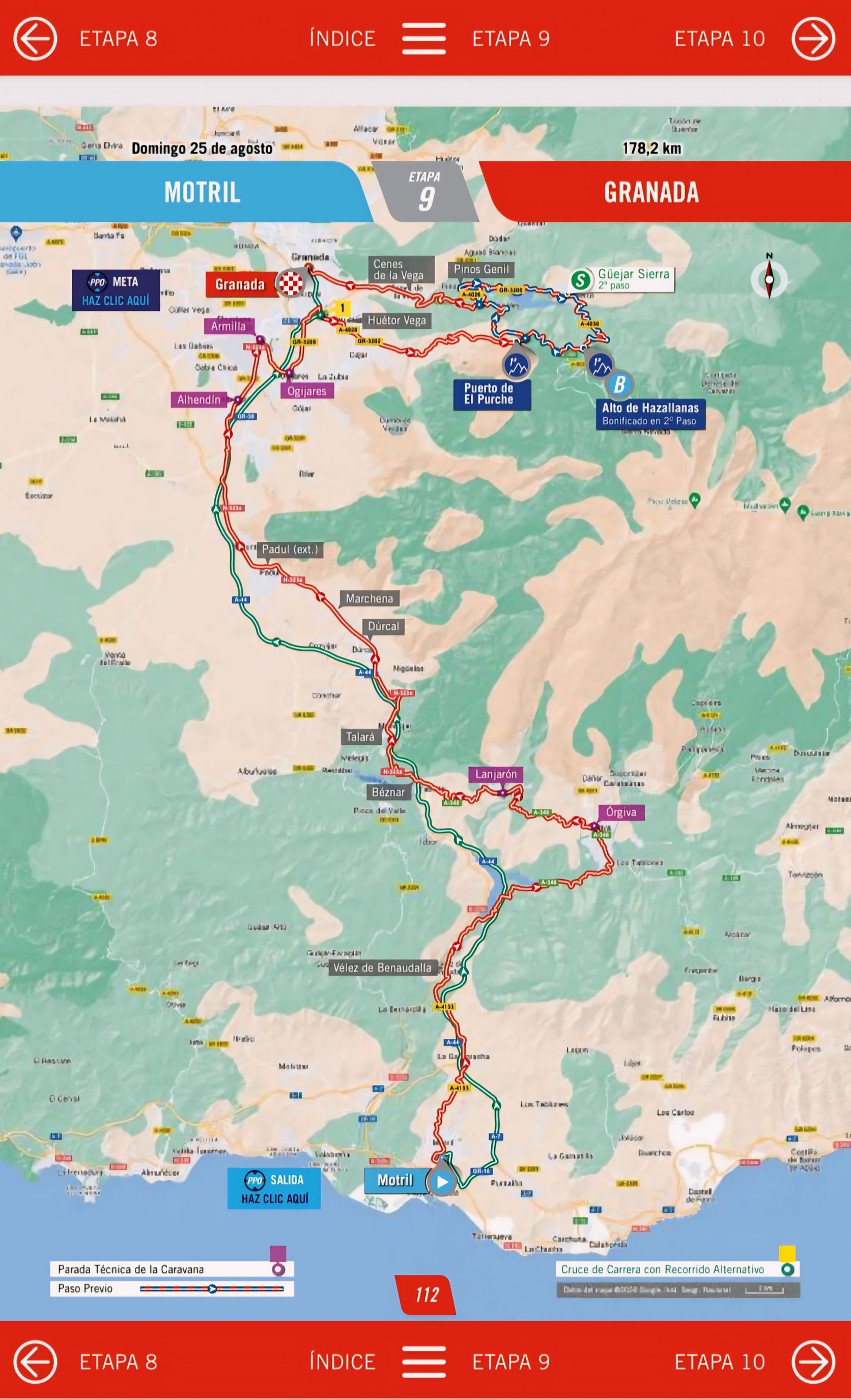 Mapa de tramos en Granada en la Vuelta Ciclista 2024.