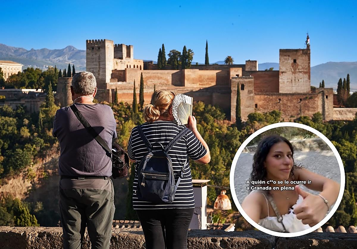 Turistas en el mirador de San Nicolás en verano, junto con una imagen de la 'influencer' Lucía García.
