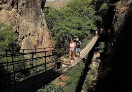 Visitantes cruzando el puente colgante de los Cahorros de Monachil.