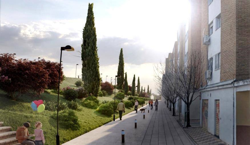 Aspecto de la calle Jesse Owens, donde ganarían protagonismo los peatones. Quedan atrás los muros llenos de grafitis y los montones de vías en la Y entre la línea de Bobadilla y de Moreda.