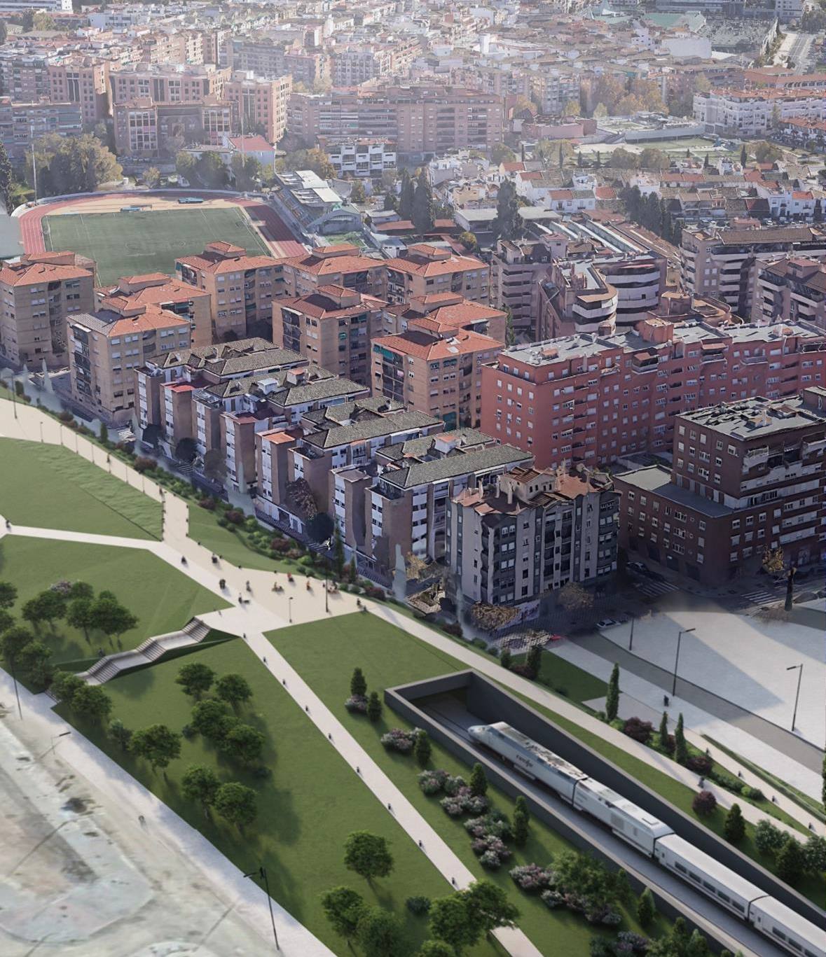 El montículo verde cubre la entrada de los trenes y permite conectar a través de un parque urbano la calle Jesse Owens con los primeros edificios de la Chana.