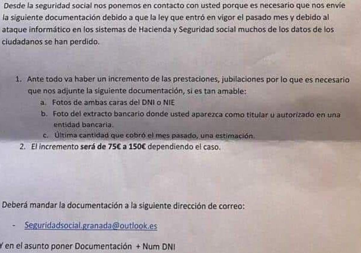 Extracto del fraude de la carta de la Seguridad Social 'enviada' desde Granada que pide 150 euros.