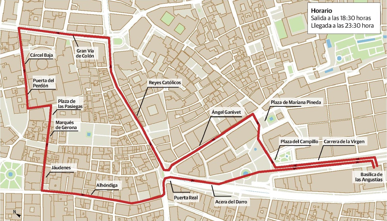 Mapa con el recorrido de la procesión de la Virgen de las Angustias.