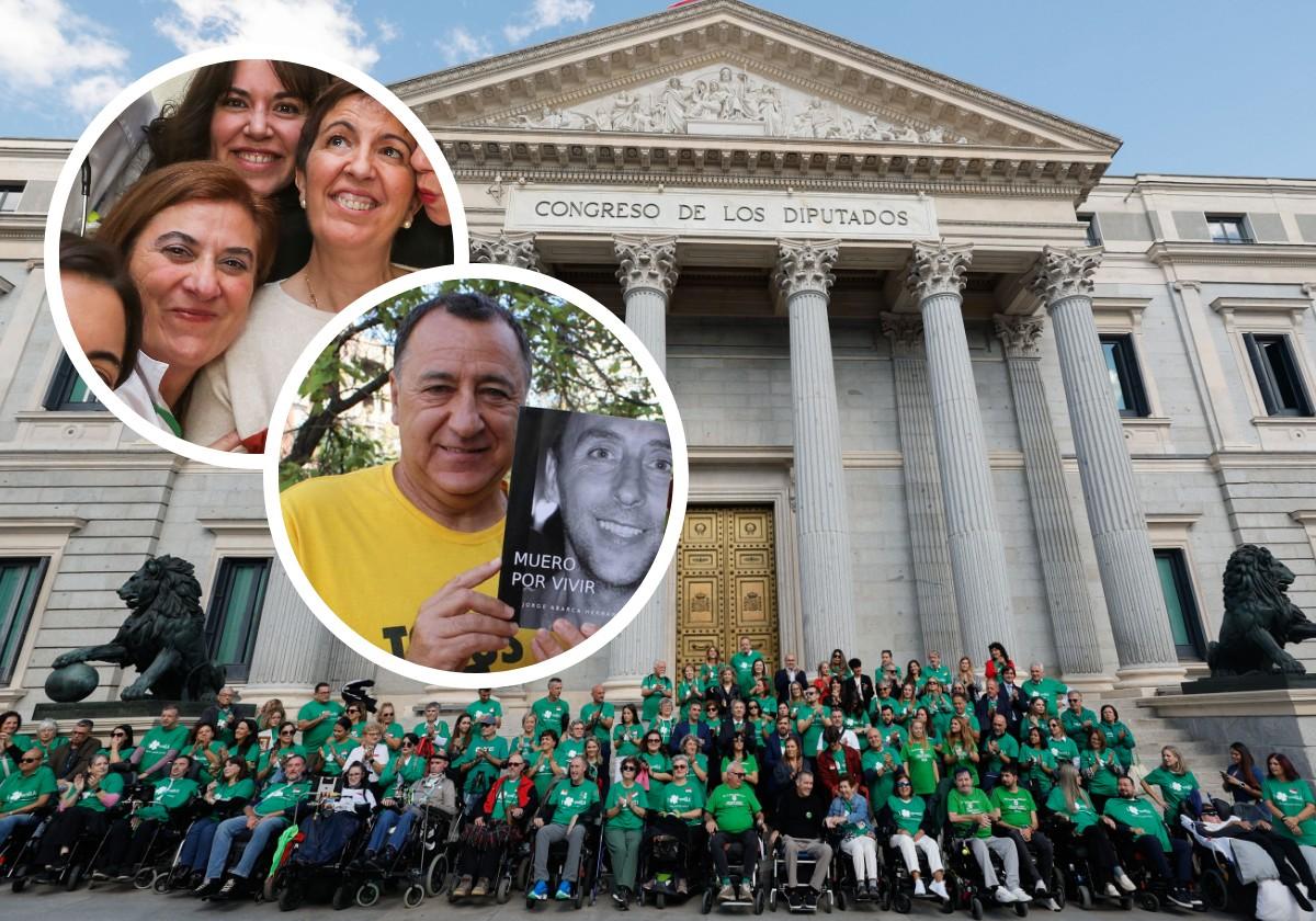 Enfermos de ELA celebran la firma de la ley en el exterior del Congreso de los Diputados, en Madrid. En detalle, Mariluz Flores, de Umela, y Miguel Ángel Abarca, de Agraela.