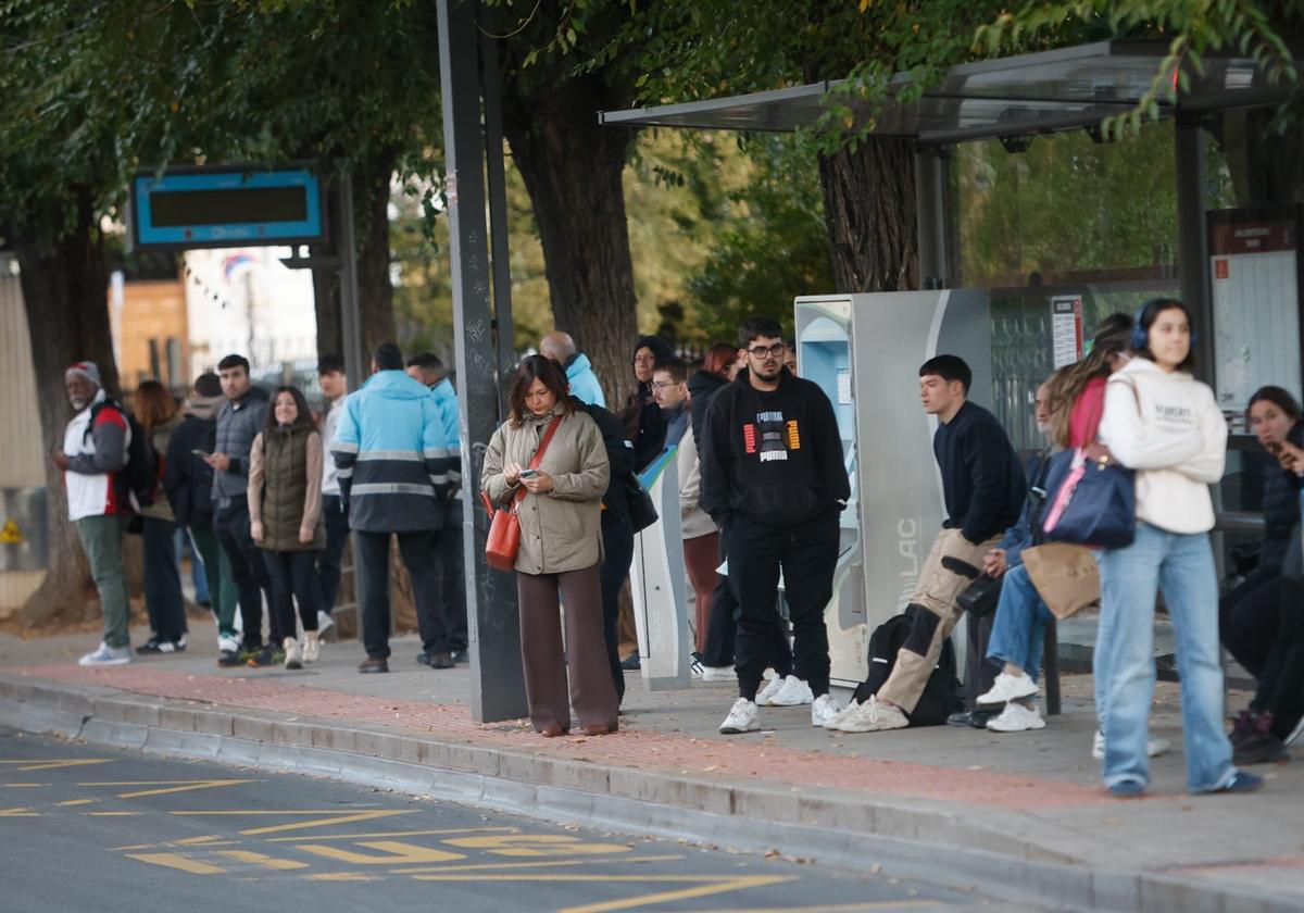 Paradas con colas en el centro de Granada por la huelga del transporte.