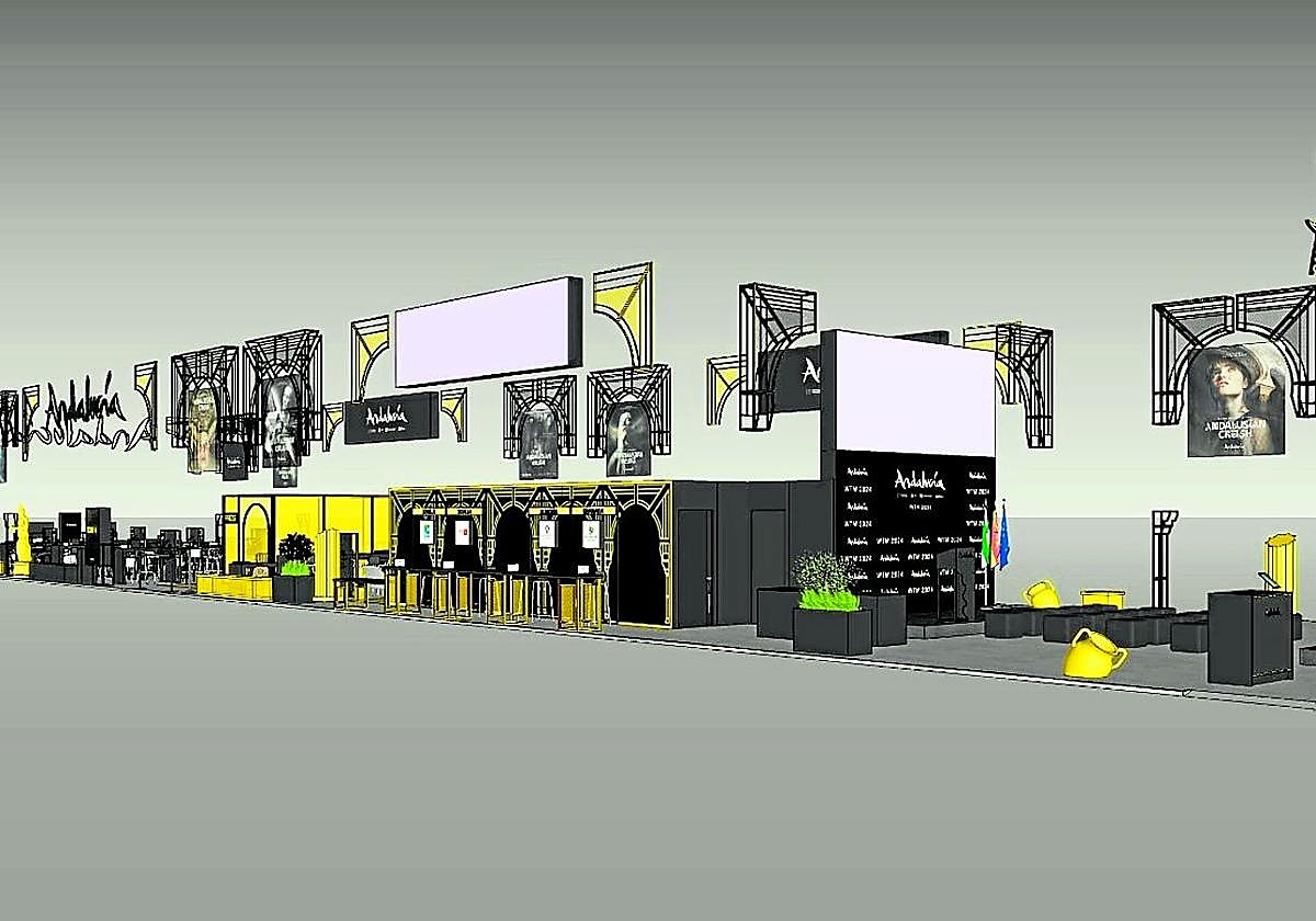 Imagen virtual del montaje del expositor de Andalucía en la WTM de Londres.