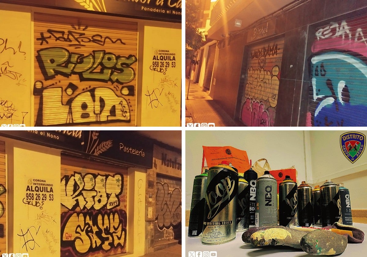 Parte de las pintadas junto a las 'herramientas' intervenidas a los infractores.