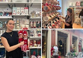 Alba posa con el elfo travieso, una de las novedades de la Navidad almeriense, a la izquierda; a la derecha, arriba, una dependienta coloca tazas navideñas y, abajo, decoración navideña en una floristería de la calle Las Tiendas.