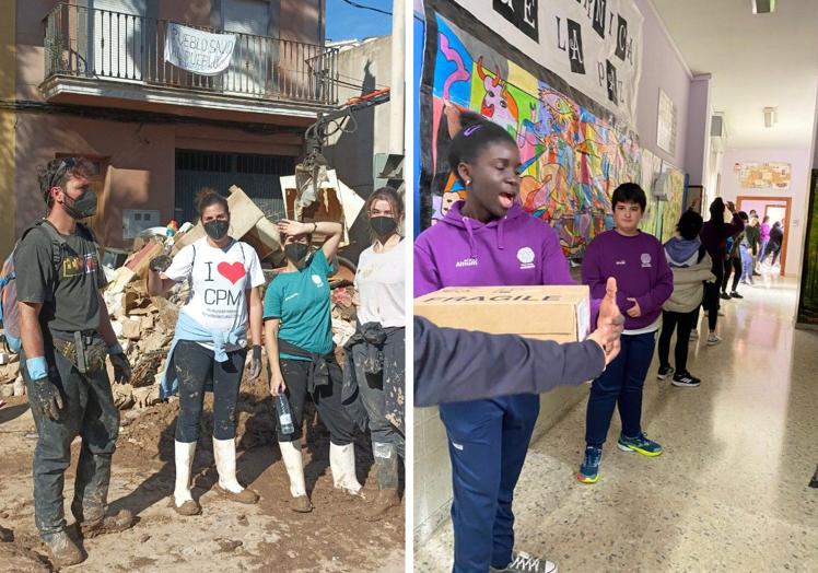 Parte del grupo de profesores en un alto en los trabajos en Alzira. Cadena humana en el Padre Manjón para cargar los alimentos y material recogido en las furgonetas.