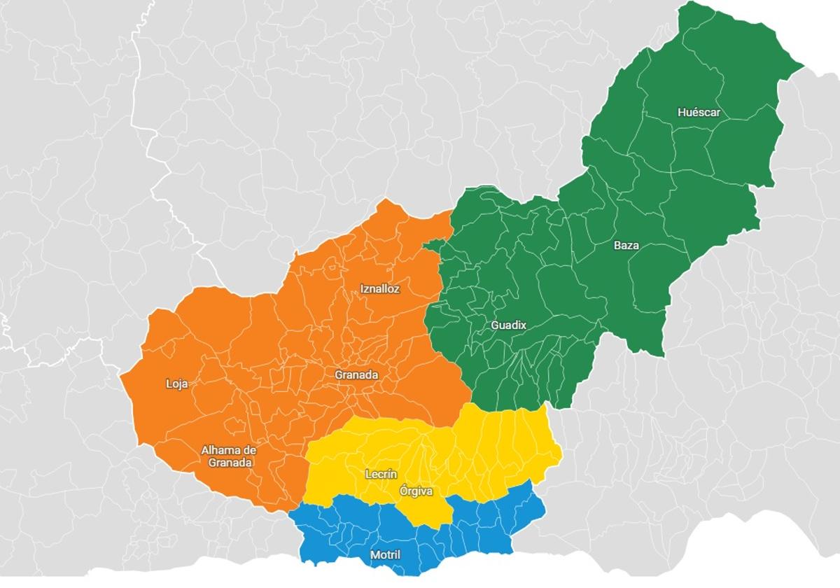 Mapa con las zonas en las que se divide la provincia de Granada.