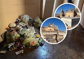 Basura acumulada en una de las plantas. A la derecha, vistas desde la terraza del bloque okupado.