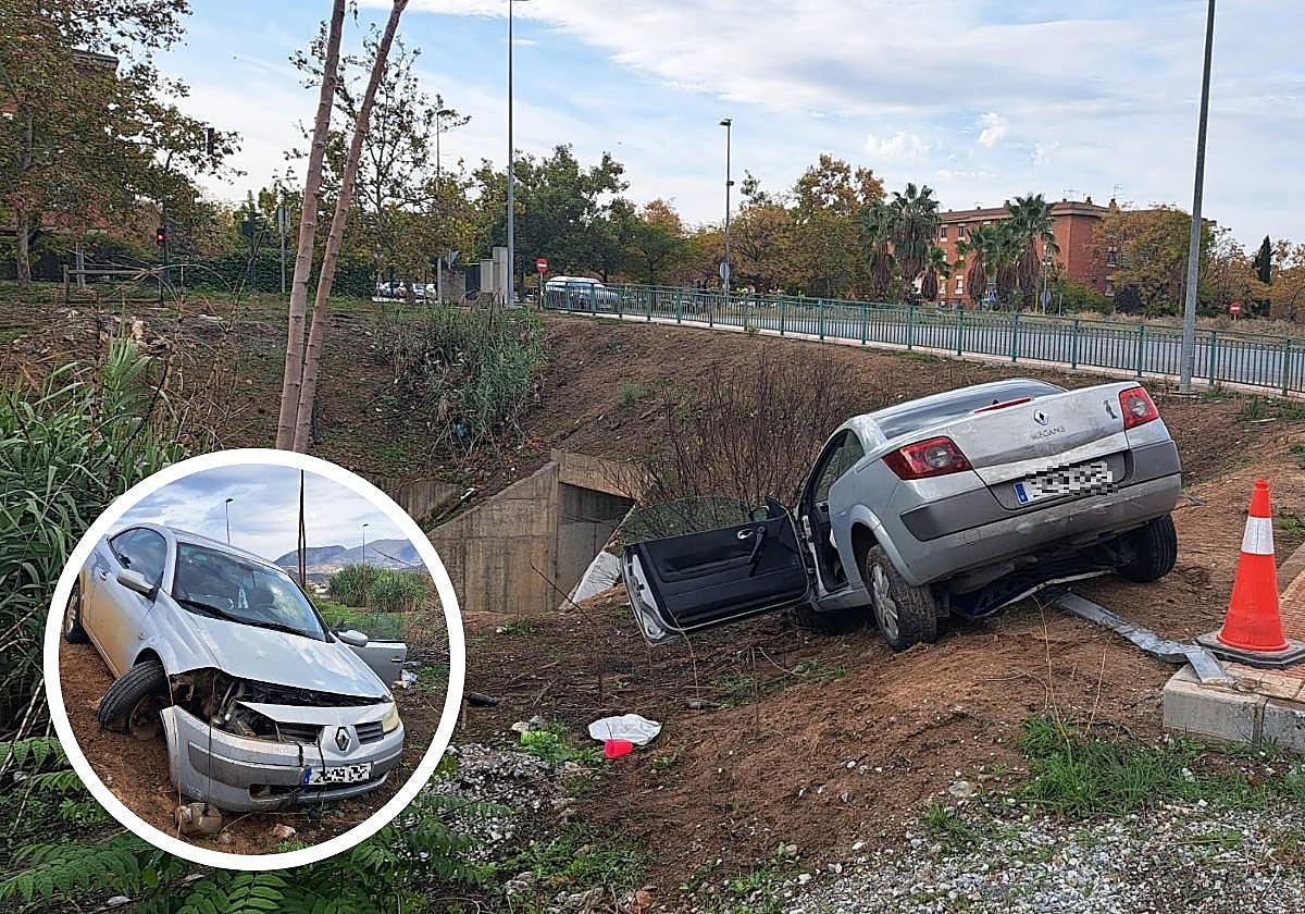 Coche estrellado junto al barranco de Merced Alta, con la señal destrozada.