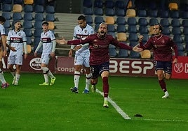 Los futbolistas del Pontevedra celebran uno de sus goles al Levante.