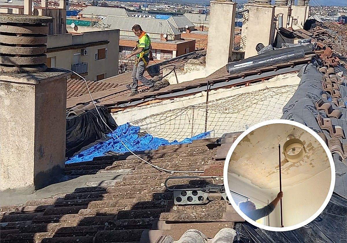 Uno de los trabajadores sobre la cubierta de los pisos de Norte. En la imagen pequeña, Josefa y su techo dañado.