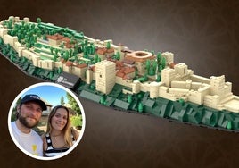 Vista general de la versión de la Alhambra en Lego, que tardó en hacer cuatro meses. En el detalle, Vincent y Fabia, en su visita a la Alhambra.