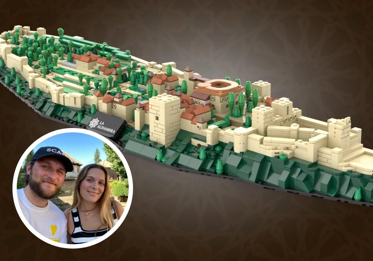 Vista general de la versión de la Alhambra en Lego, que tardó en hacer cuatro meses. En el detalle, Vincent y Fabia, en su visita a la Alhambra.