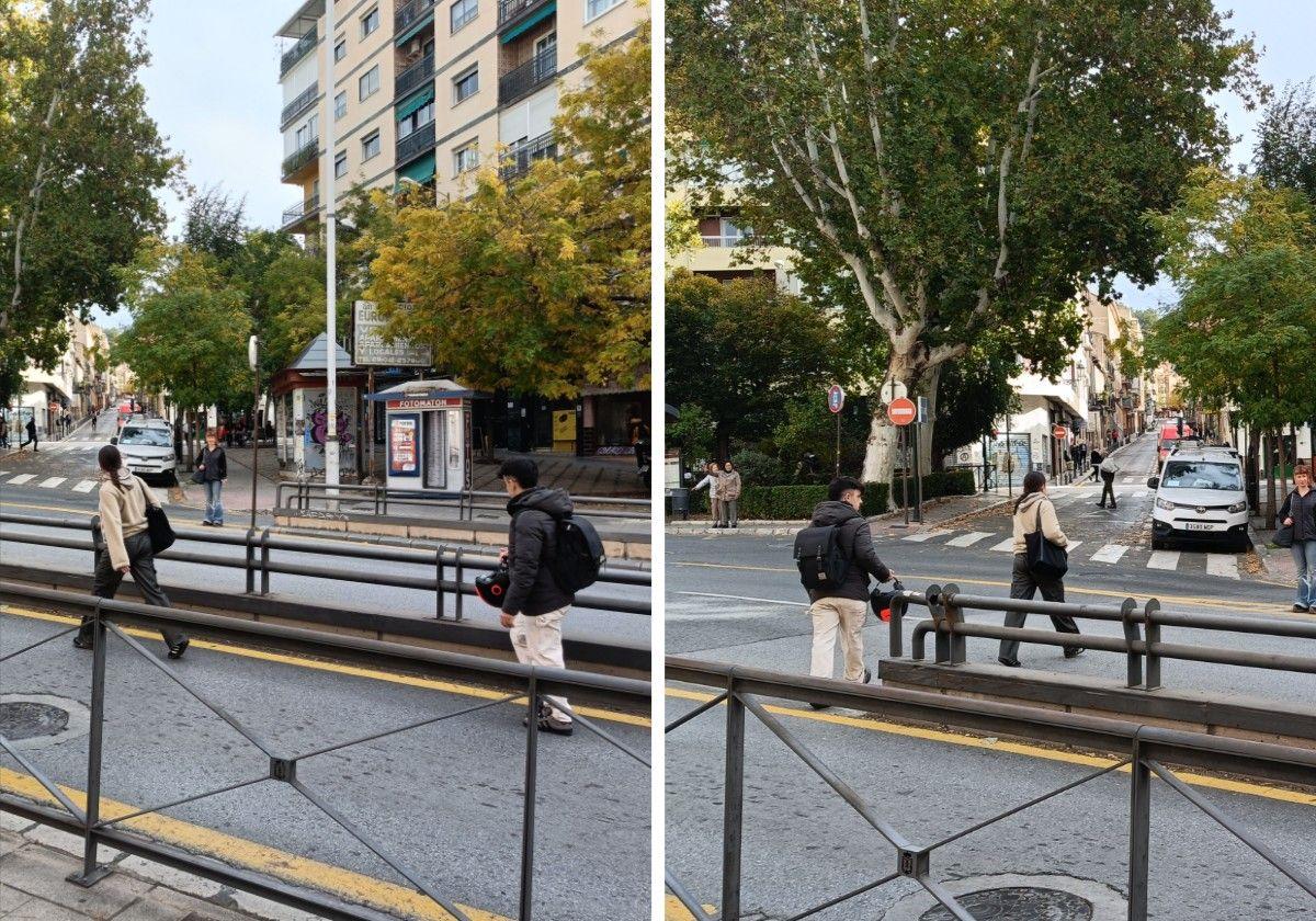 Dos jóvenes caminan por la calzada de la Avenida de Madrid y cruzan por delante de la salida del túnel que viene desde la Avenida de Severo Ochoa.