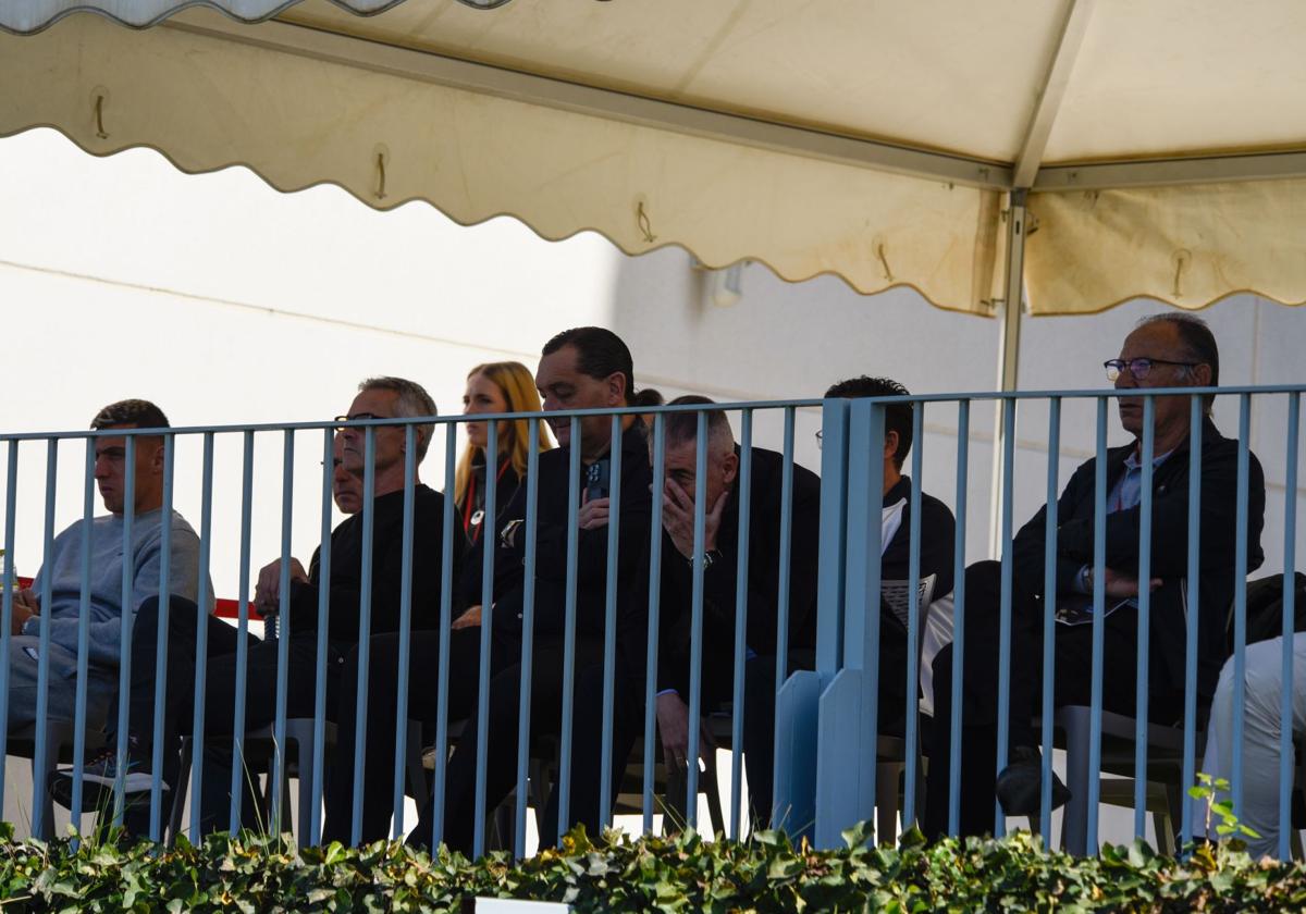 Varios miembros del Granada atienden al partido del Recreativo desde el palco de la Ciudad Deportiva este pasado domingo.