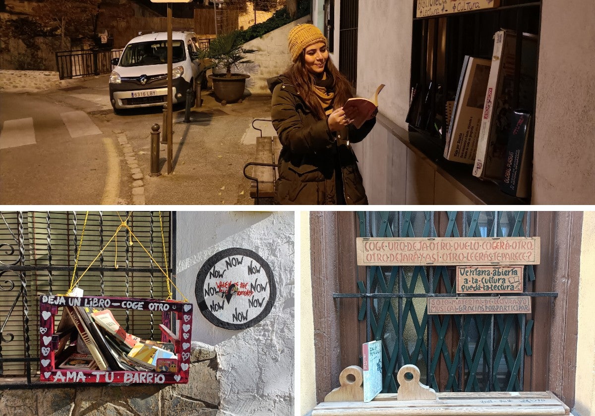 Tres ventanas se convierten en una opción más para que los libros lleguen a los granadinos. A la derecha la del Barranco del Abogado. Abajo la de la Placeta de la Cruz y la de la calle Molinos (derecha)