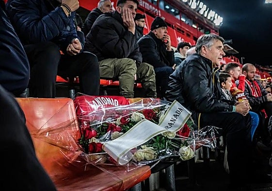 Corona de flores en homenaje a Antonio Trujillo sobre su asiento en Los Cármenes durante la reanudación del partido contra el Athletic.