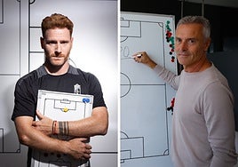 Guille Abascal y Fran Escribá, con sus pizarras en el Granada.