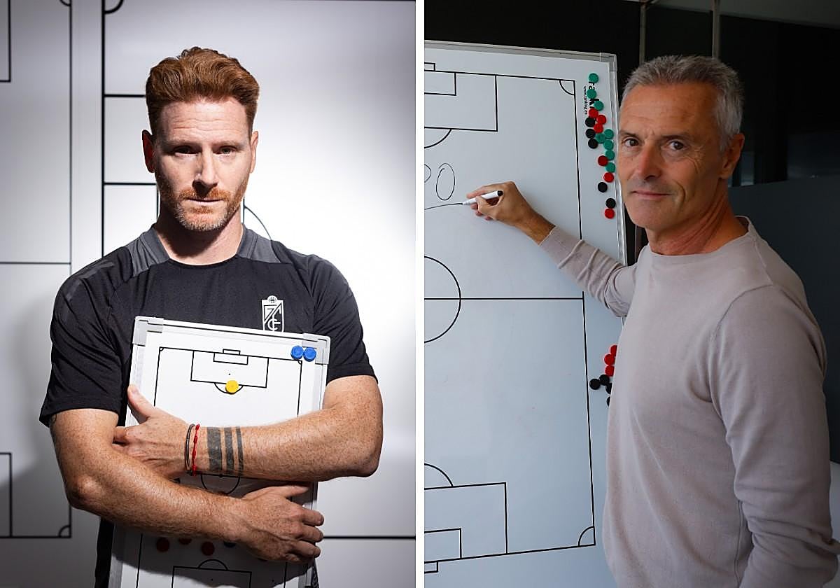 Guille Abascal y Fran Escribá, con sus pizarras en el Granada.