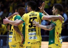 Los jugadores amarillos celebran un tanto en el Olivo Arena.