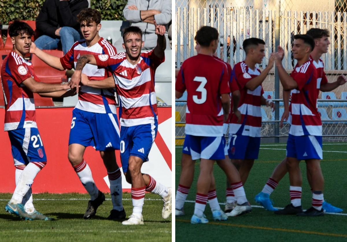 Futbolistas del filial, a la izquierda, y del Juvenil del Granada, a la derecha, festejan tantos anotados este curso.