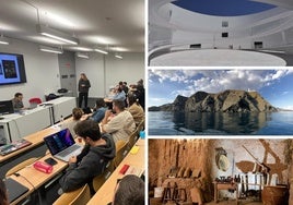 Alumnos durante el curso, en Cámara Granada, y tres de las 130 localizaciones del catálogo de Film in Granada: el patio elíptico de CajaGranada, una cueva de Purullena y el cabo de Torrenueva.