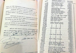 Documento original con la firma del tribunal de la Audiencia con la sentencia condenatoria contra Manuel; y listado, incluido en la sentencia judicial de 1965, de los vecinos de Tabernas perjudicados en sus ahorros.