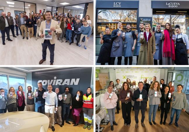 De izquierda a derecha y de arriba a abajo, trabajadores de Greening Group, La Cueva de 1900, Covirán y Cooperativas Agroalimentarias.