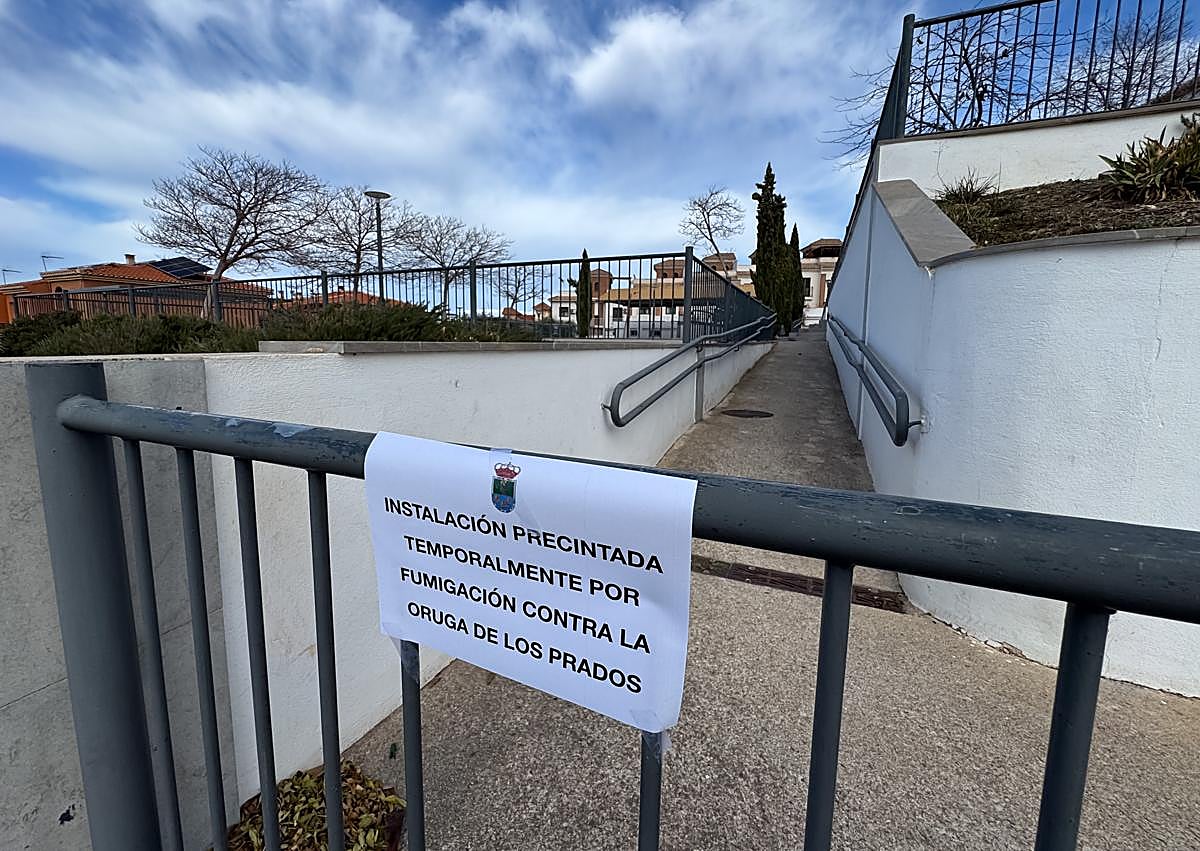 Imagen secundaria 1 - Un operario fumiga a las orugas en un parque de Huétor Vega. Una de las zonas verdes cerradas por el tratamiento con pesticidas. Un ejemplar de oruga de los prados. 