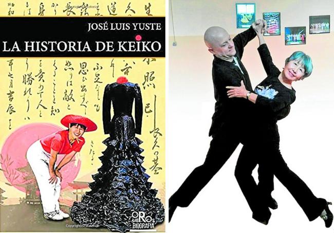 La portada del libro sobre Keiko y, en la imagen de la derecha, ella misma con su pareja de baile, Andrey, en la escuela de Churriana de la Vega.