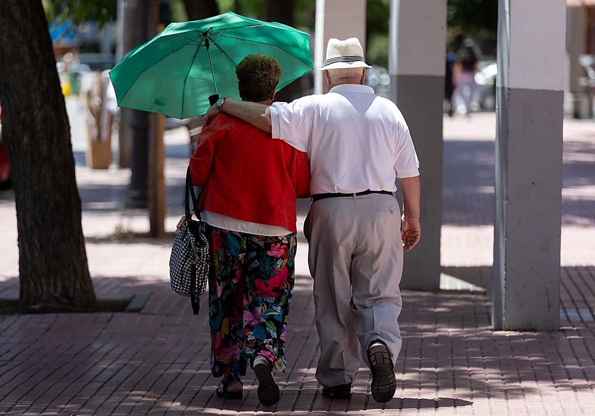 Dos personas mayores caminan bajo la sombra de un árbol.