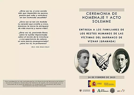 Díptico del acto de entrega a sus familiares de los restos de dos represaliados exhumados en el Barranco de Víznar.