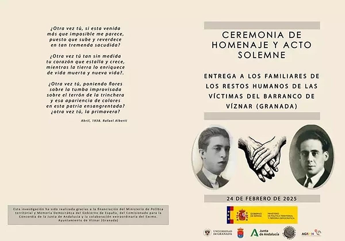 Díptico del acto de entrega a sus familiares de los restos de dos represaliados exhumados en el Barranco de Víznar.