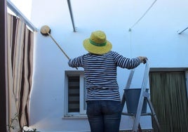 Una mujer pinta la fachada de su vivienda en Navas de San Juan.