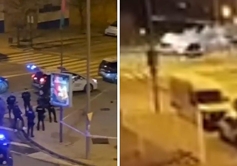 Agentes frente al cajero asaltado (izquierda). Vehículo huyendo por la rotonda con ayuda del humo de un extintor (derecha).