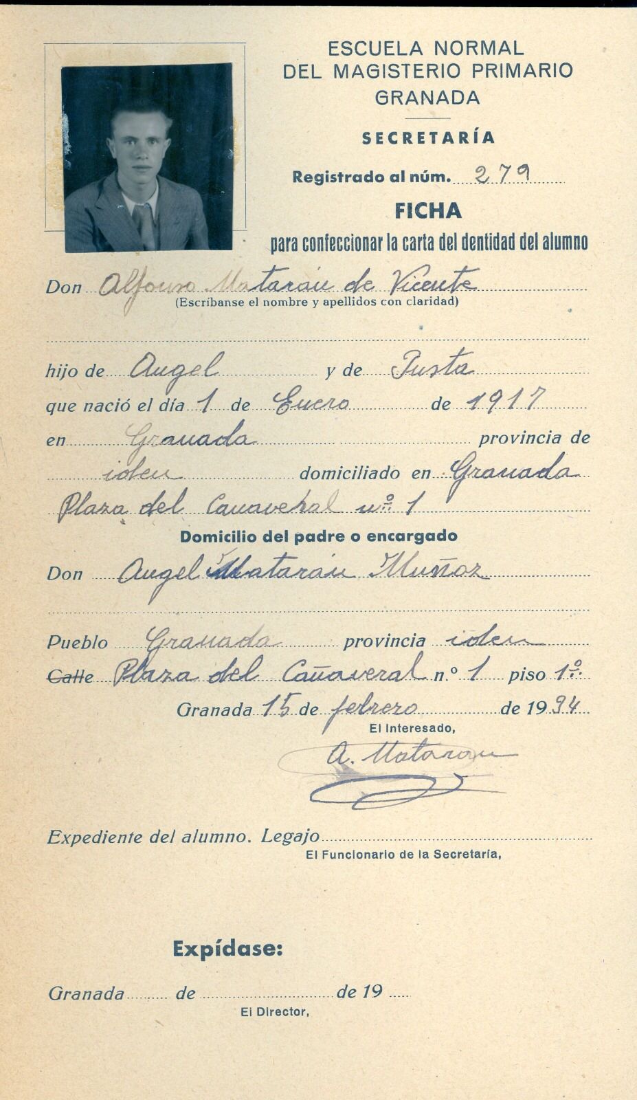 Ficha de alumno de Magisterio de Alfonso Matarán.