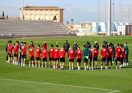 Los futbolistas del Granada escuchan las indicaciones de Fran Escribá antes de un entrenamiento.