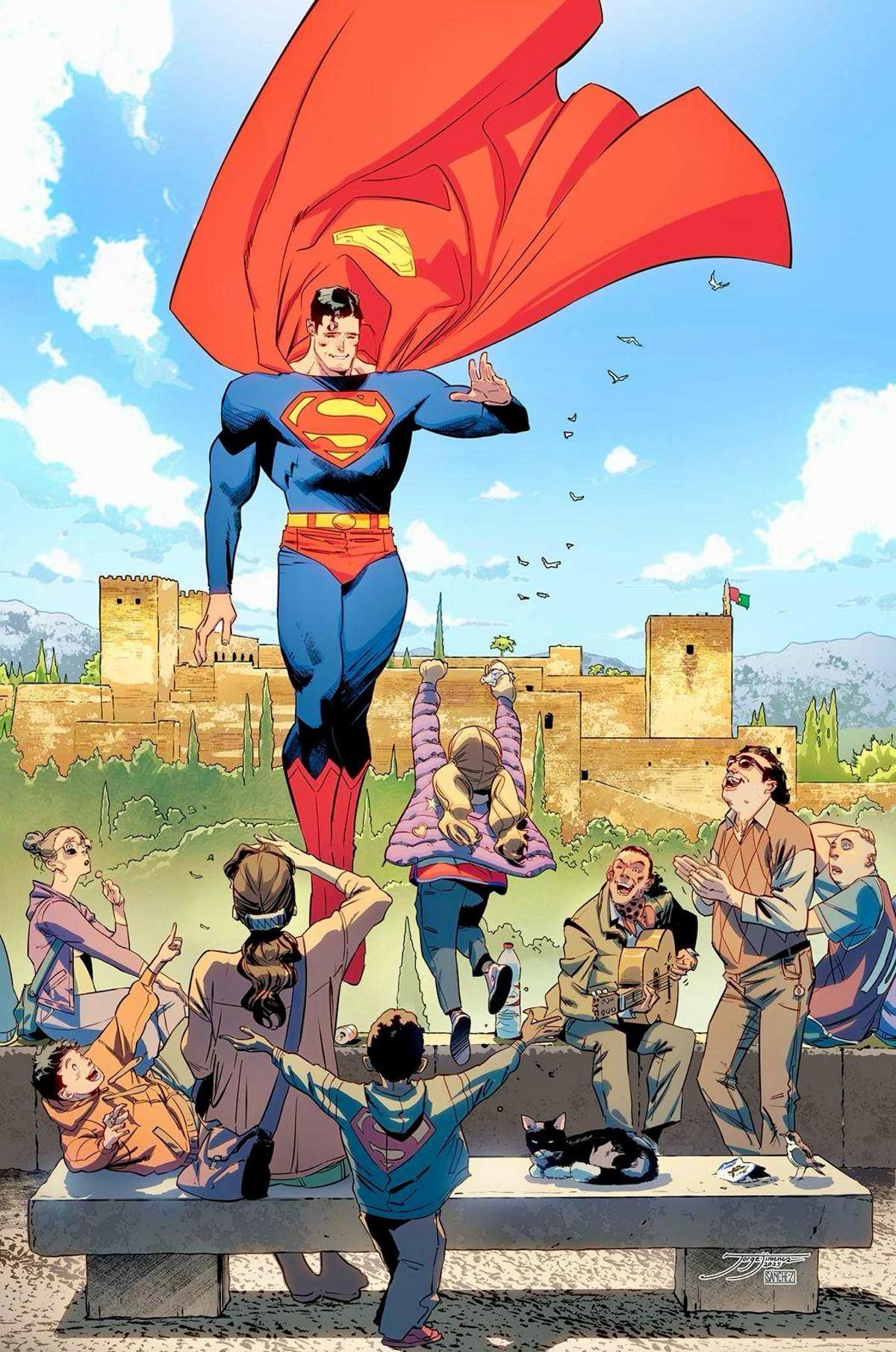 Primera ilustración del cómic de Superman en Granada, en el Mirador de San Nicolás.