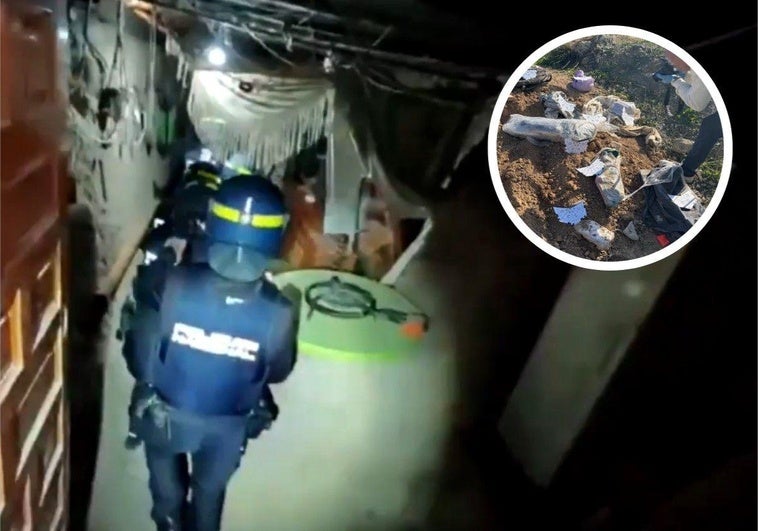 Agentes accediendo a la galería de tiro clandestina. A la derecha, parte del material incautado.