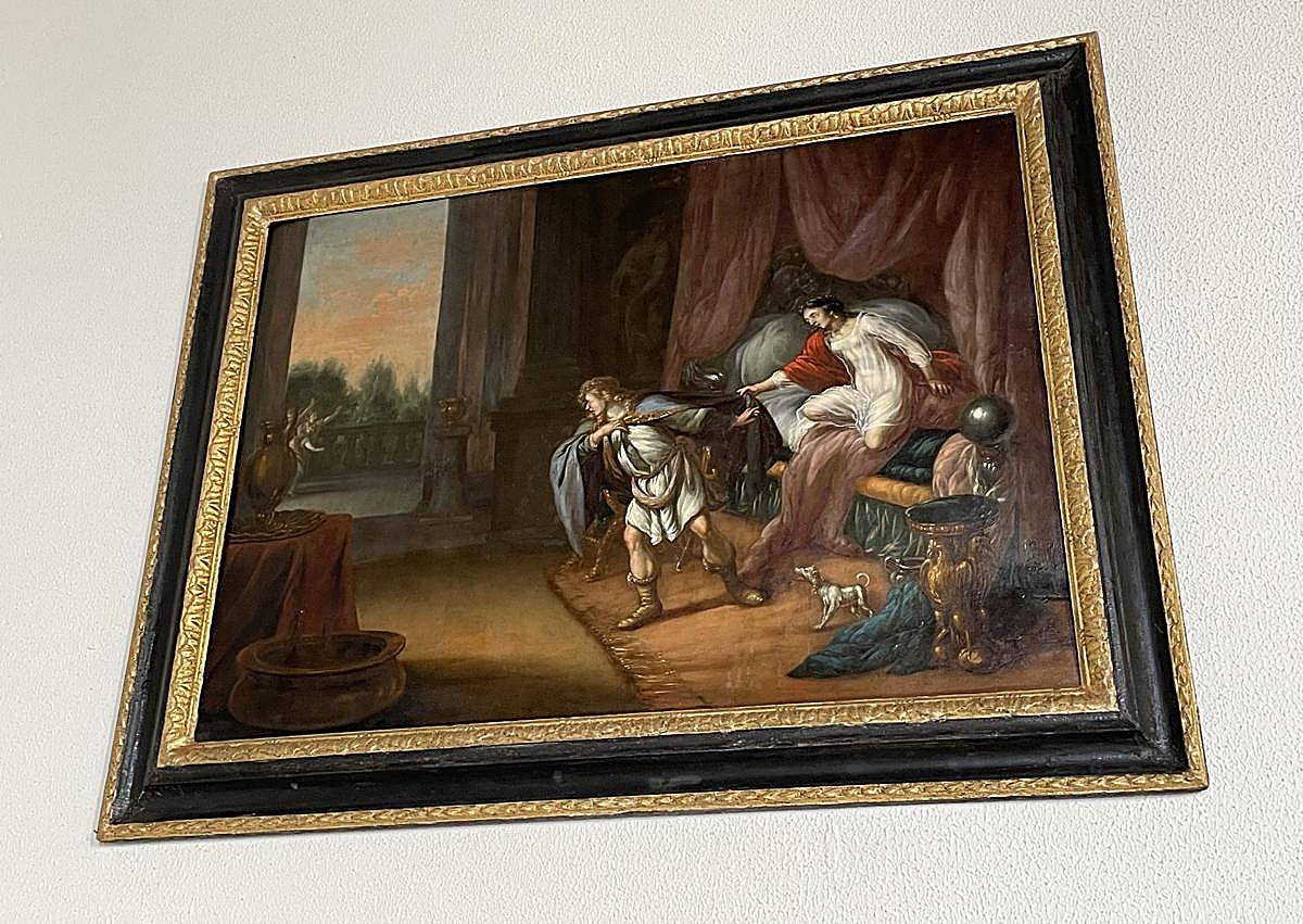 Imagen secundaria 1 - En la imagen superior, de izquierda a derecha: Agustín Quílez, Fernando Casado, Luis Jesús García-Lomas, Olga Cano, Pilar Rodrigo y Emilio Ortega. Abajo, detalles de dos cuadros.