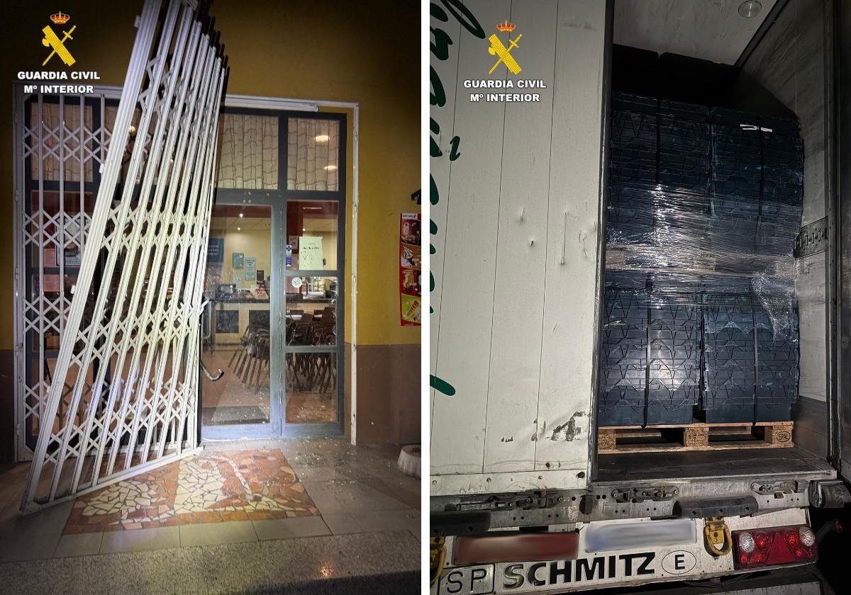 El restaurante El Torreón forzado por los ladrones y uno de los camiones.