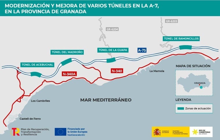 Las obras en cuatro túneles de la Costa granadina afectan al tráfico en la A-7