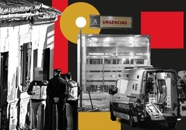 Composición con imágenes de la puerta del Hospital de Motril y los registros en el domicilio.