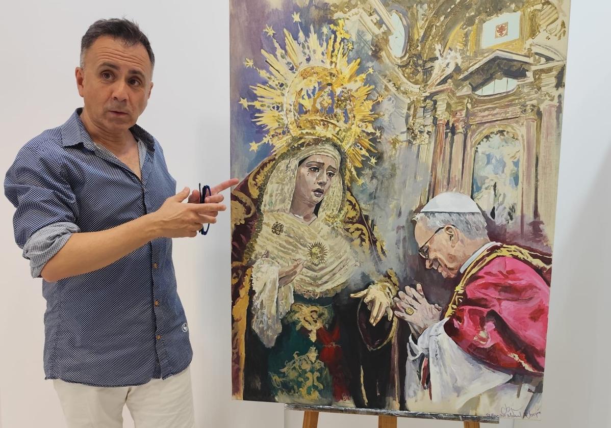 El pintor Manuel Obregón junto al cuadro que bendecirá el Papa León XIV.