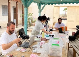 Alberto Dorado Alejos, Alicia Flores Martín y Juan Francisco Bermúdez Calle realizando trabajo de laboratorio en el Scientific Center for Sinai Archaeology